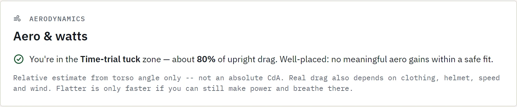 Aero and watts read-out: time-trial tuck zone, about 80 percent of upright drag
